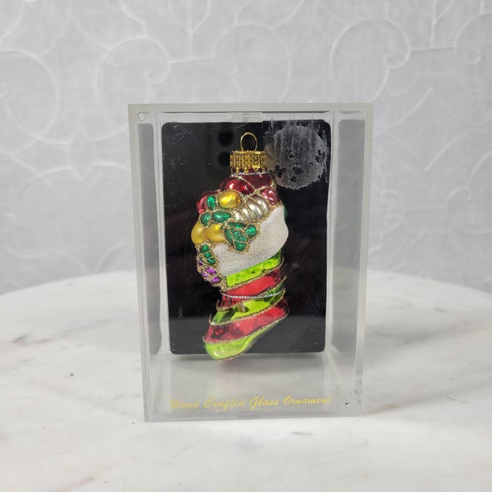 Vintage Santas Workbench Blown Glass Stocking Ornament 3" Handmade Holiday